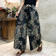 Loose Black Print Pockets Elastic Waist Wide Leg Pants Spring