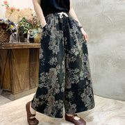 Loose Black Print Pockets Elastic Waist Wide Leg Pants Spring