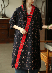 Loose Black Print Pockets Patchwork Cotton Dresses Summer