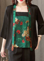 Loose Black Print Silk Cardigan Long Sleeve