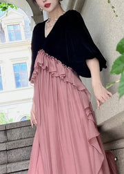 Loose Black Ruffled Patchwork Silk Velvet Dresses Puff Sleeve