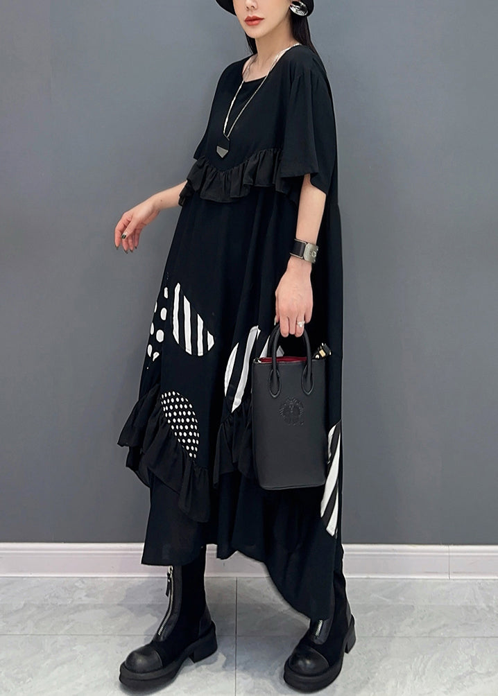 Loose Black Ruffled Print Cotton Long Dresses Summer