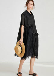 Loose Black Ruffles Lace Patchwork Chiffon Dress Summer