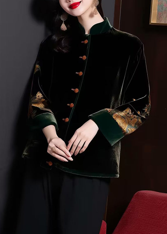 Loose Black Stand Collar Button Patchwork Silk Velour Coats Fall