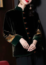 Loose Black Stand Collar Button Patchwork Silk Velour Coats Fall