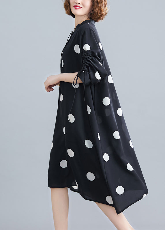 Loose Black Stand Collar Dot Lace Up Chiffon Dresses Spring