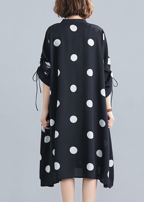 Loose Black Stand Collar Dot Lace Up Chiffon Dresses Spring