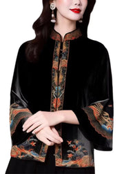 Loose Black Stand Collar Embroidered Silk Velour Coats Flare Sleeve