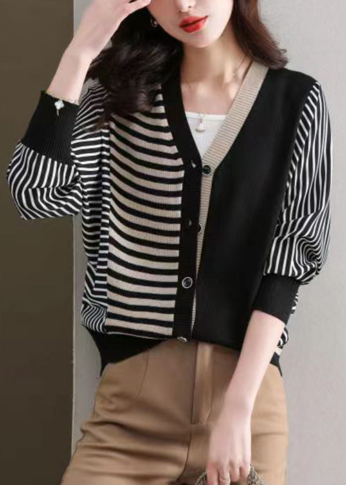 Loose Black Striped Button Patchwork Knit Cardigan Fall