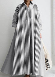 Loose Black Striped Peter Pan Collar Patchwork Cotton Dress Spring