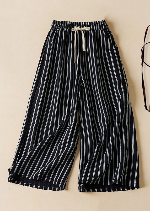 Loose Black Striped Pockets Elastic Waist Cotton Crop Pants Summer