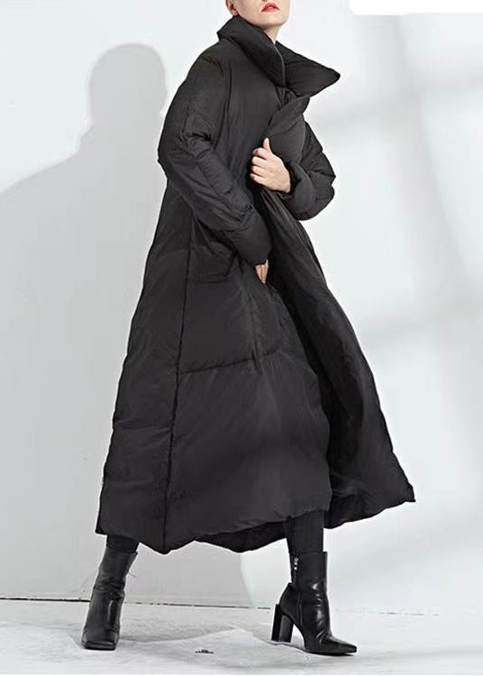 Loose Black Tie Waist Pockets Duck Down Long Down Coat Winter