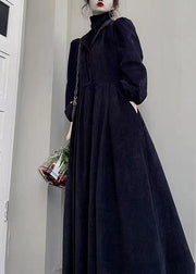 Loose Black Turtleneck Pockets Patchwork Corduroy Maxi Dress Fall