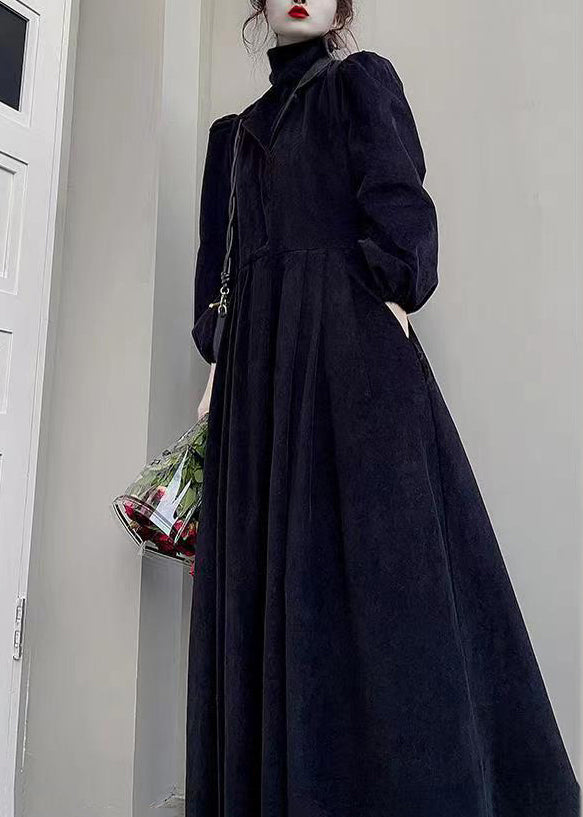 Loose Black Turtleneck Pockets Patchwork Corduroy Maxi Dress Fall