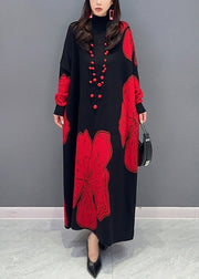 Loose Black Turtleneck Print Patchwork Cotton Knit Long Dresses Fall