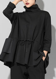 Loose Black Turtleneck Wrinkled Patchwork Tie Waist Top Long Sleeve