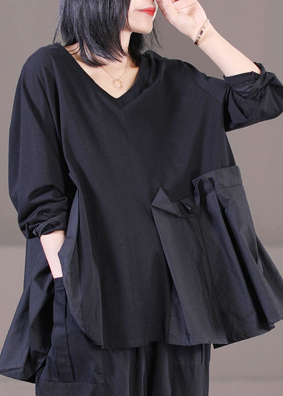 Loose Black V Neck Asymmetrical Design Patchwork Wrinkled Cotton Top Long Sleeve