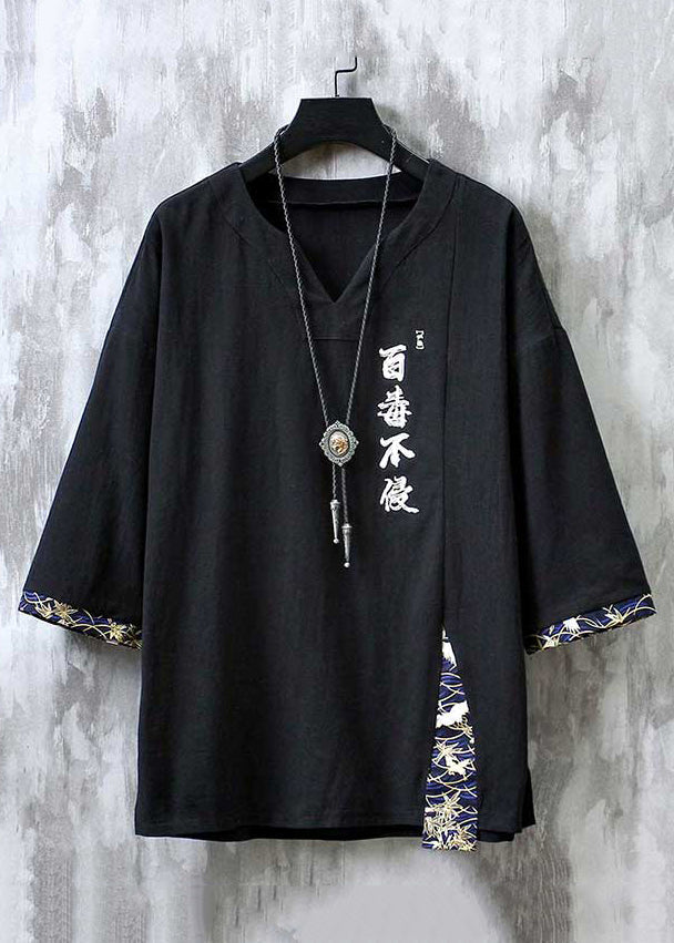 Loose Black V Neck Embroideried Linen Men T Shirts Half Sleeve