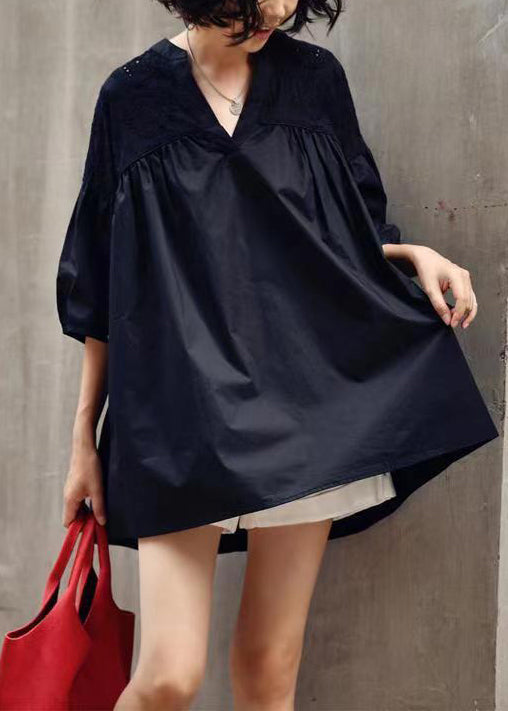 Loose Black V Neck Hollow Out Patchwork Cotton T Shirt Half Sleeve