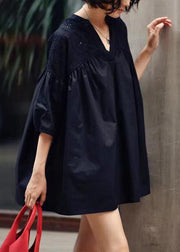 Loose Black V Neck Hollow Out Patchwork Cotton T Shirt Half Sleeve