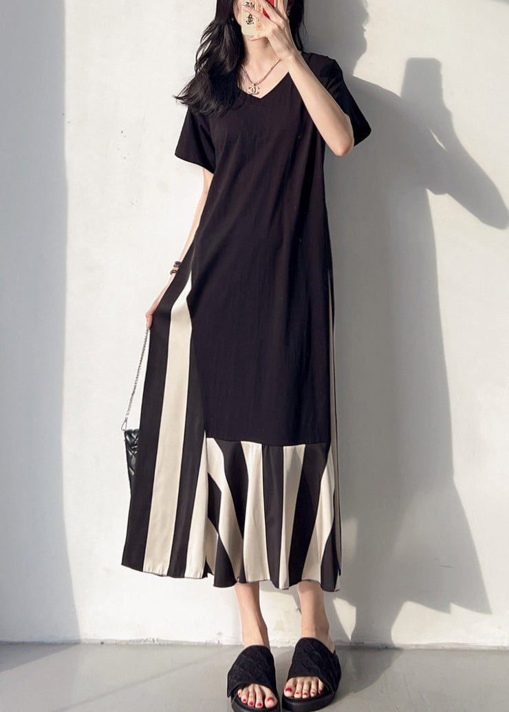 Loose Black V Neck Patchwork Cotton Long Dress Summer