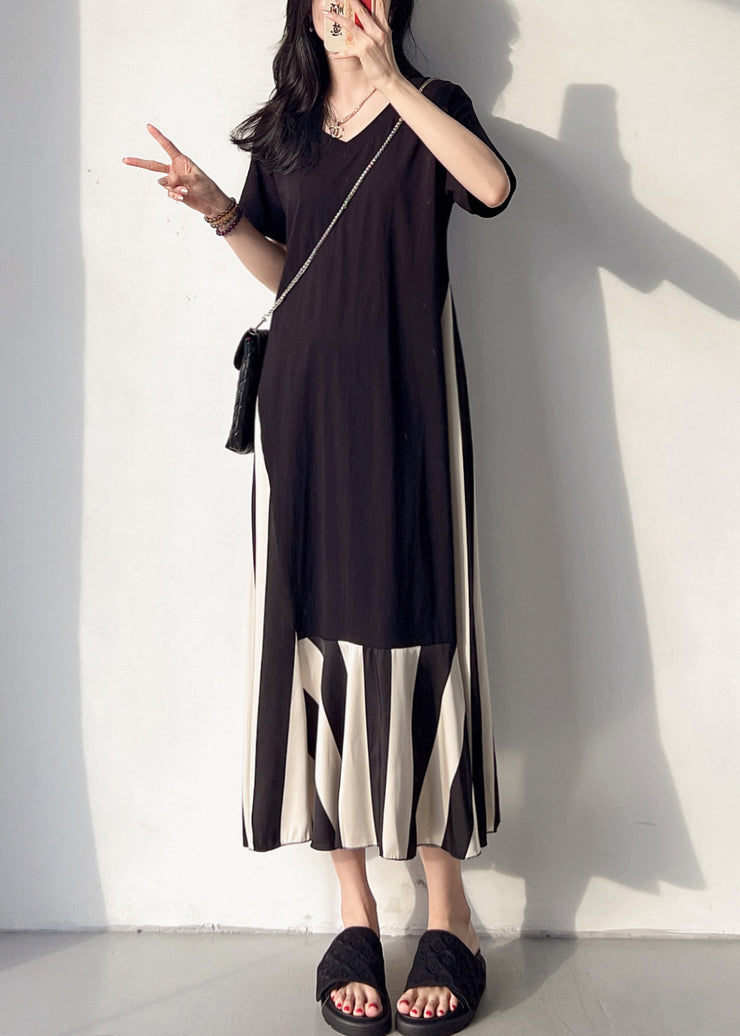 Loose Black V Neck Patchwork Cotton Long Dress Summer