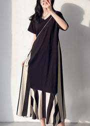 Loose Black V Neck Patchwork Cotton Long Dress Summer