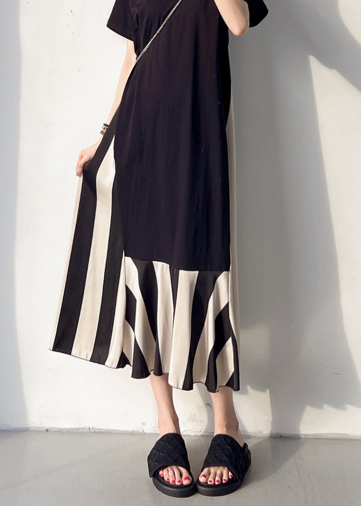 Loose Black V Neck Patchwork Cotton Long Dress Summer