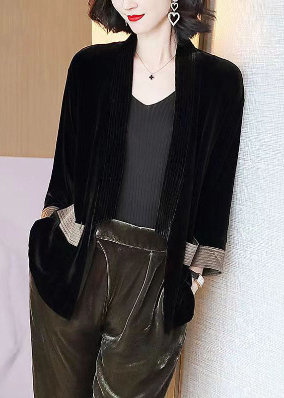 Loose Black V-Neck Pockets Patchwork Silk Velour Cardigans Bracelet Sleeve