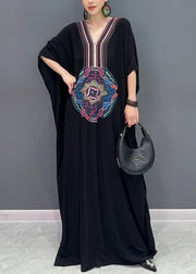 Loose Black V Neck Print Cotton Long Dresses Batwing Sleeve