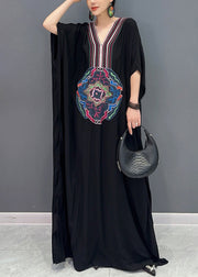 Loose Black V Neck Print Cotton Long Dresses Batwing Sleeve