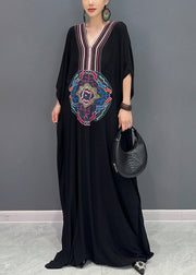 Loose Black V Neck Print Cotton Long Dresses Batwing Sleeve