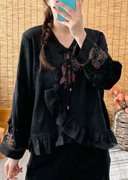 Loose Black V Neck Ruffled Embroideried Floral Button Shirt Long Sleeve