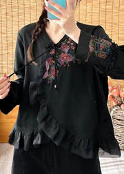 Loose Black V Neck Ruffled Embroideried Floral Button Shirt Long Sleeve