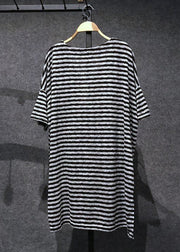 Loose Black V Neck Striped Side Open Cotton T Shirts Tops Summer