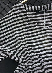 Loose Black V Neck Striped Side Open Cotton T Shirts Tops Summer