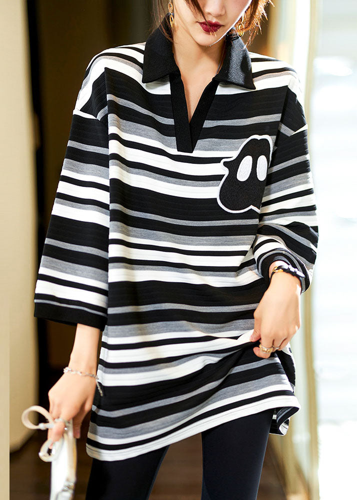 Loose Black White Striped Square Collar Cotton T Shirts Bracelet Sleeve