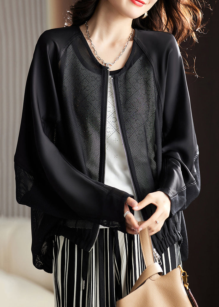 Loose Black Zippered Hollow Out Coats Batwing Sleeve