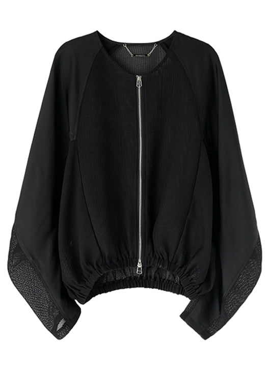 Loose Black Zippered Hollow Out Coats Batwing Sleeve