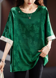 Loose Blackish Green O Neck Jacquard Silk Shirt Top Summer