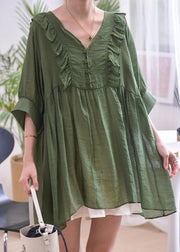 Loose Blackish Green V Neck Ruffled Cotton Shirts Summer