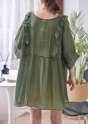 Loose Blackish Green V Neck Ruffled Cotton Shirts Summer