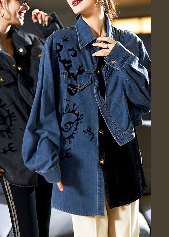 Loose Blue Asymmetrical Button Patchwork Denim Shirt Spring