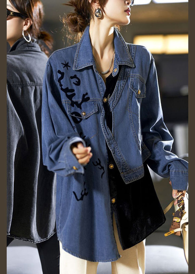 Loose Blue Asymmetrical Button Patchwork Denim Shirt Spring