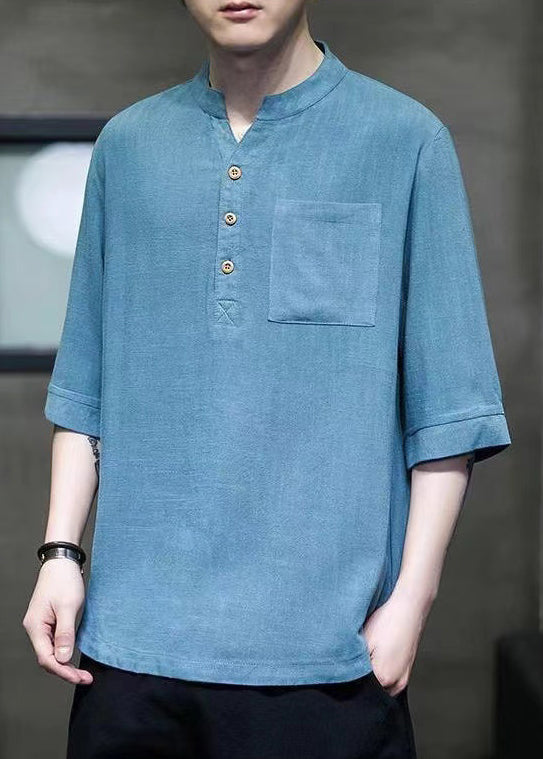 Loose Blue Button Pockets Linen Mens Tshirt Summer