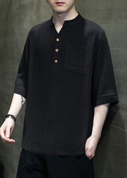 Loose Blue Button Pockets Linen Mens Tshirt Summer