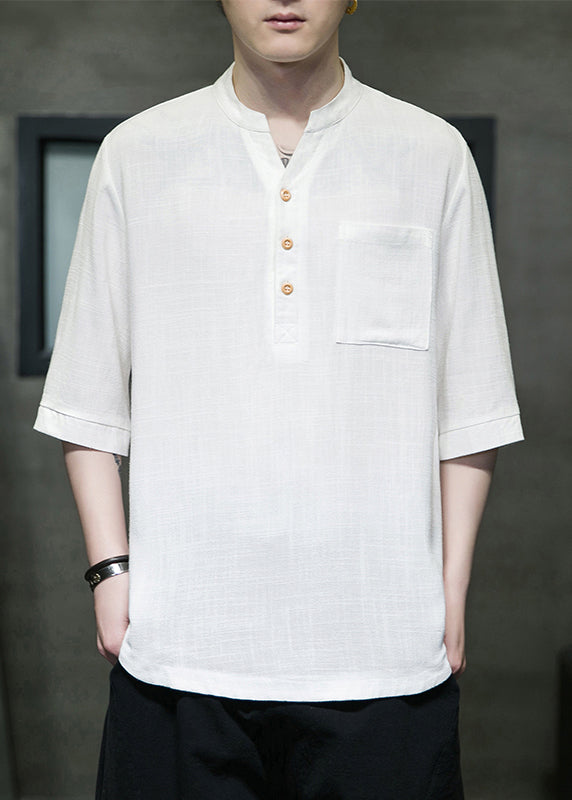 Loose Blue Button Pockets Linen Mens Tshirt Summer