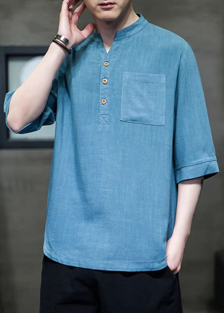 Loose Blue Button Pockets Linen Mens Tshirt Summer