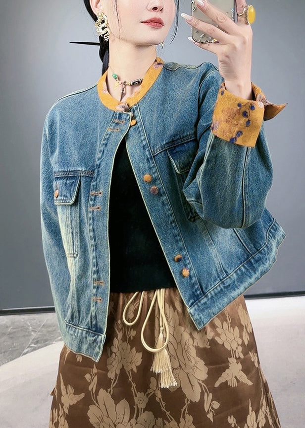 Loose Blue Button Pockets Patchwork Denim Coats Spring