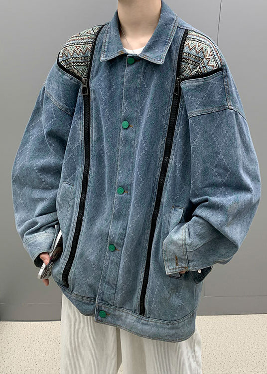 Loose Blue Button Pockets Patchwork Denim Men Coat Fall